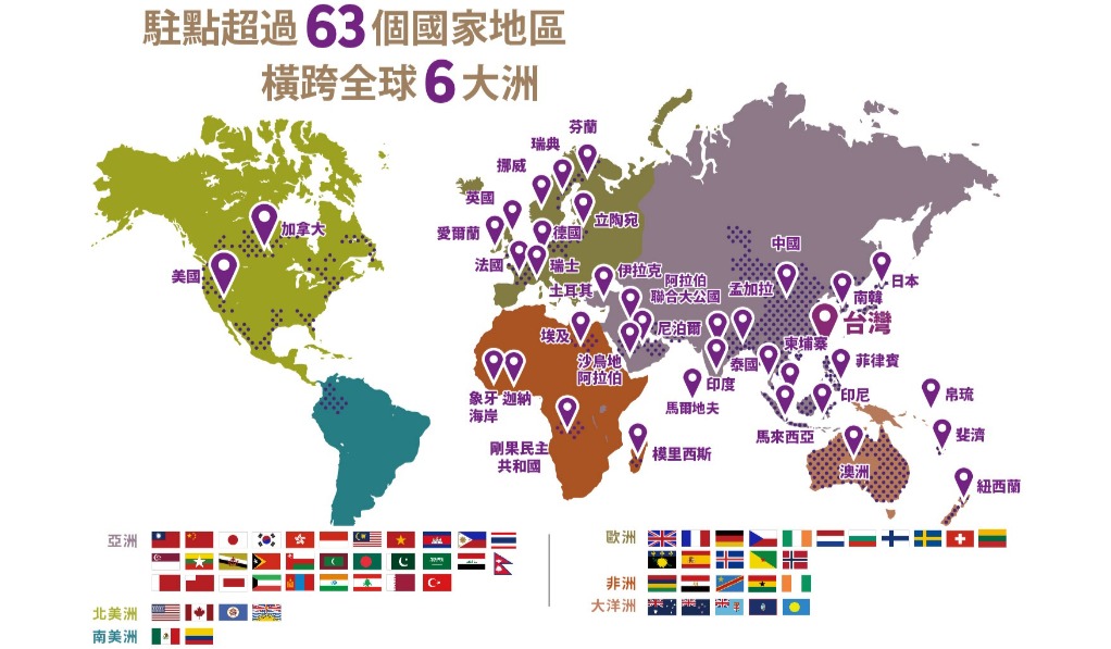 目前駐點超過46個國家與地區，共橫跨全球6大洲！
